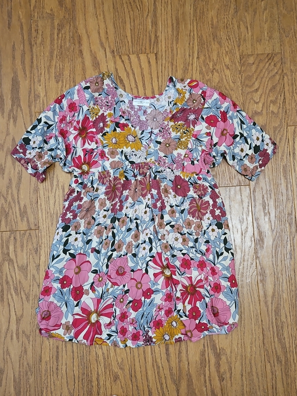 Natural Life Stella V-Neck Tunic Mini Dress Pink Floral Boho Swing Empire XS / S